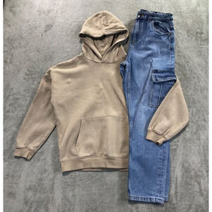 Marks & Spencers Boys Baggy Cargo Jeans and Beige Relaxed Hoodie 10-11yrs M&S